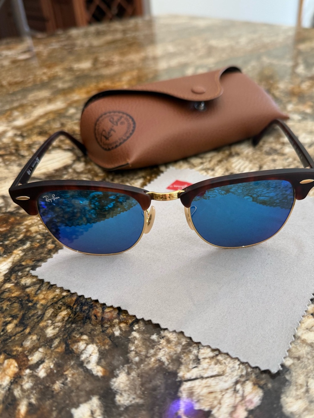 Ray-Ban Clubmaster Sunglasses in Brown Frame with Blue Mirrored Lenses- EUC